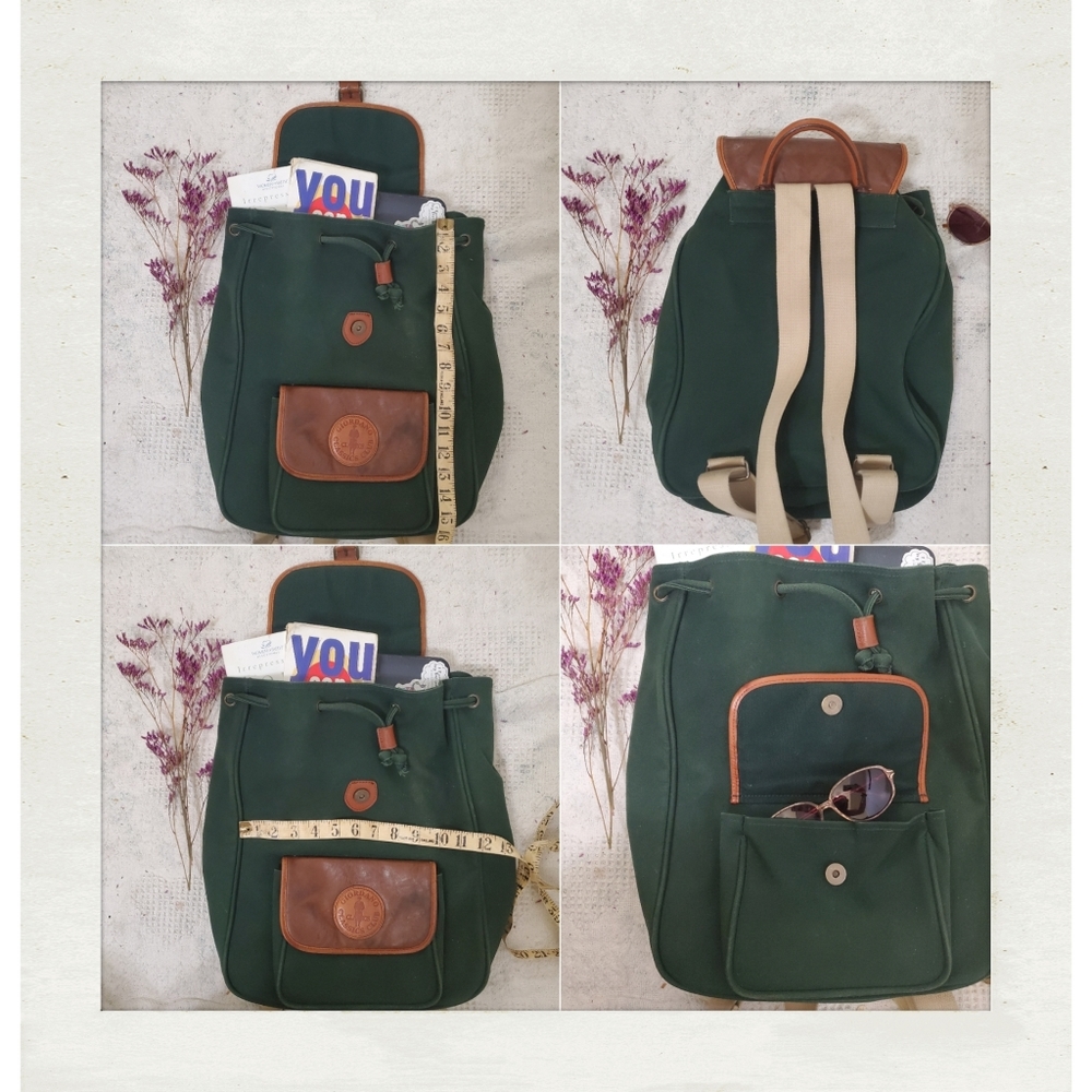🌾SOLD! Vintage 90s Hunter Forest Green Brown Leather Canvas Drawstring Backpack - Picture 5 of 6